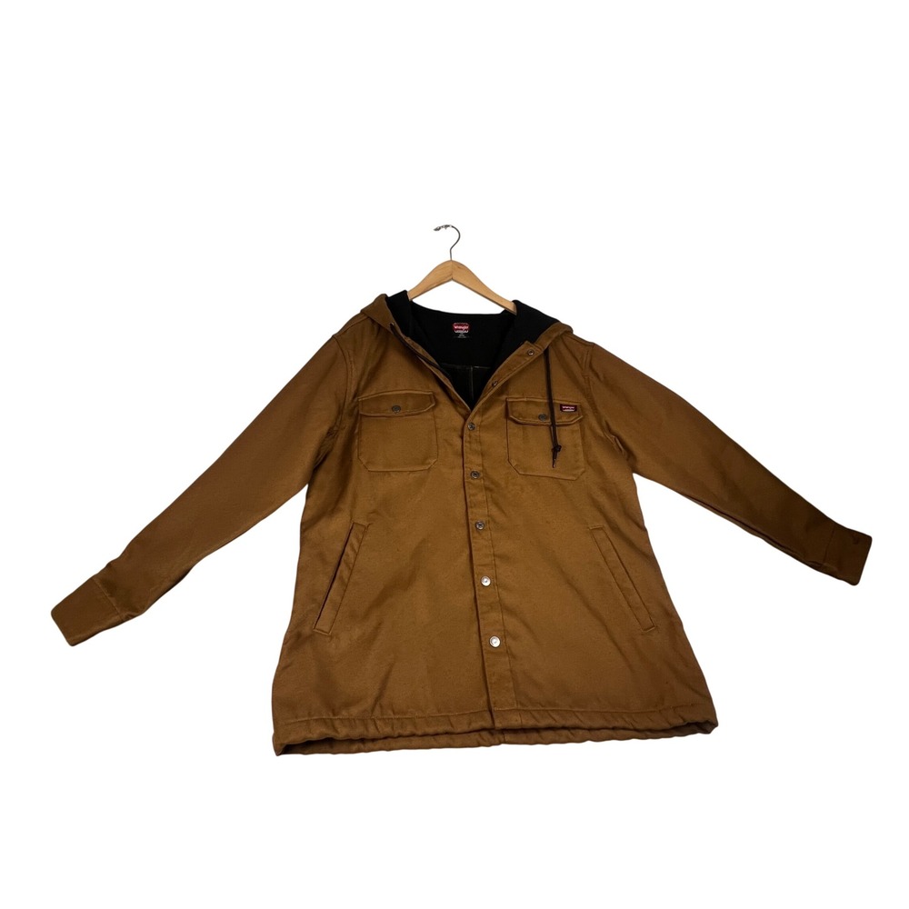 Wrangler Workwear Mens Large Brown Hooded Fleece Lined Canvas Shirt Jacket L